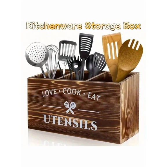 3-Compartment Brown Farmhouse Utensil Holder - Wooden Countertop Organizer For Silverware Spoons Spatulas