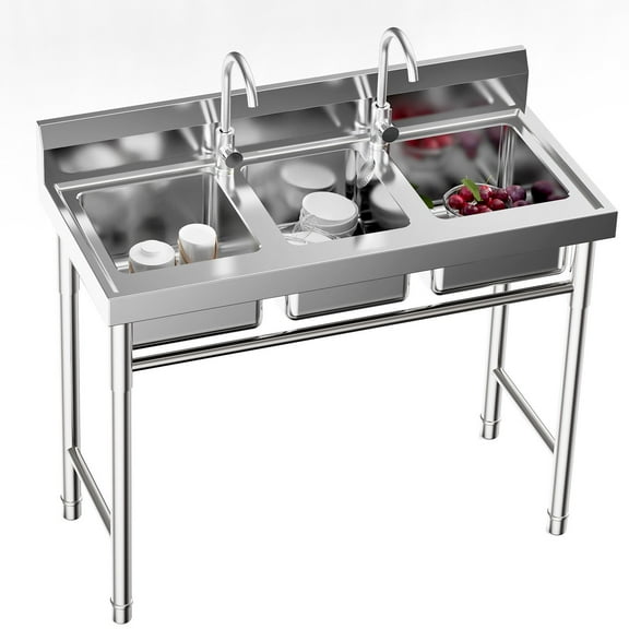 3 Compartment Commercial Kitchen Sink, 39 * 18 * 35.8in Stainless Steel Freestanding Utility Sink with 2 Hot & Cold Faucet Kitchen Prep & UtilitySink for Restaurant Bar Home Laundry Room Garage
