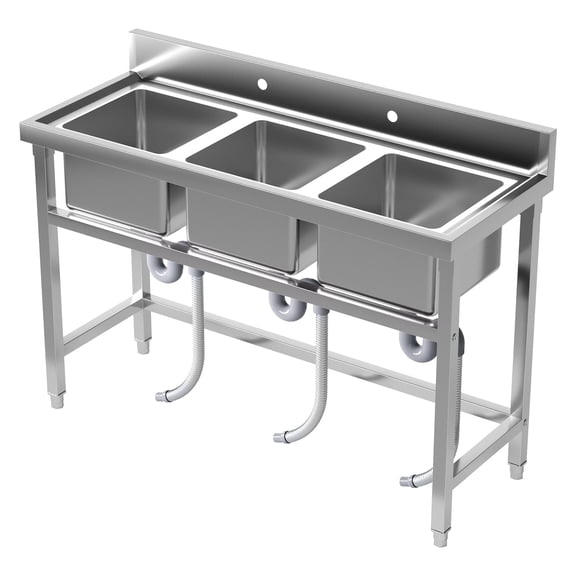 3 Compartment Commercial Sink with Strainer, Heavy Duty Utility Sink, Outdoor Freestanding Kitchen Sink 51'' 19.7'' 31.5'' for Garage, Workshop