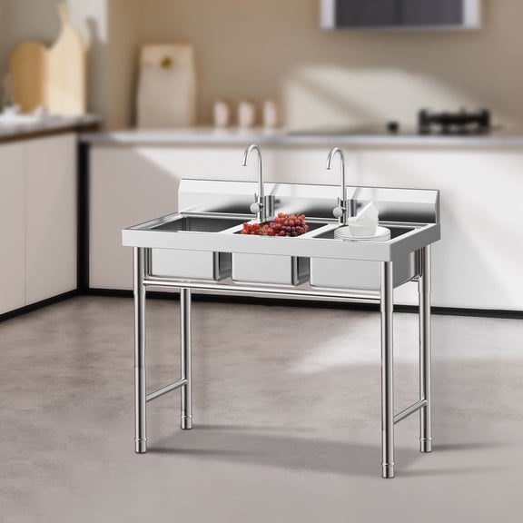 3-Compartment Commercial Stainless Steel Utility Sink 39D"x18W"x35.8H" 2 Rotatable Hot/Cold Faucets Free Standing Commercial Utility Sinks for Kitchen Laundry Restaurant