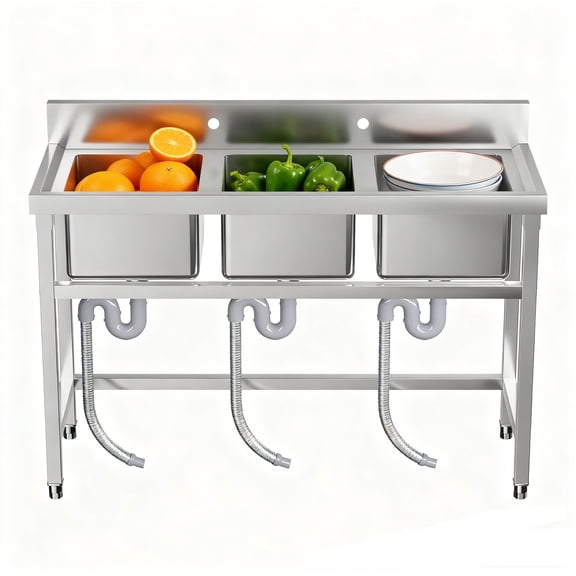 3 Compartment Commercial Utility Sink with Strainer, 304 Stainless Steel Kitchen Sink, Freestanding Utility Sink for Laundry, Bar