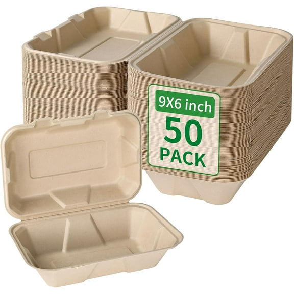 3 Compartment Compostable 8x9 Inch Takeout Lunch Box Containers with Lid, Clamshell Food Container, Disposable Eco-Friendly Bagasse PFAS-Free Brown