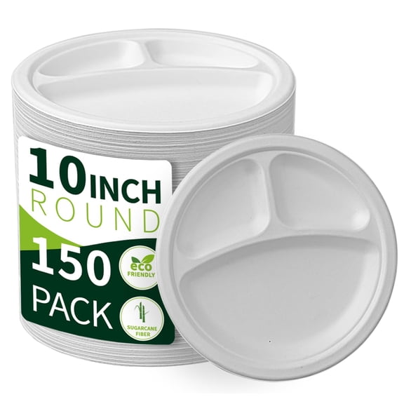 3 Compartment Compostable Divided Paper Plates – 100% Sugarcane Bagasse, Heavy Duty Disposable Plates for Lunch, Salad, BBQ, Picnic, Available in Various Sizes