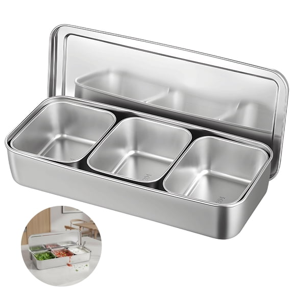 3-Compartment Condiment Server, Stainless Steel With Lids, 33.8 Fl Oz / 1000 Ml Each, 13.1 In / 33.5 Cm Length, Kitchen Commercial Container