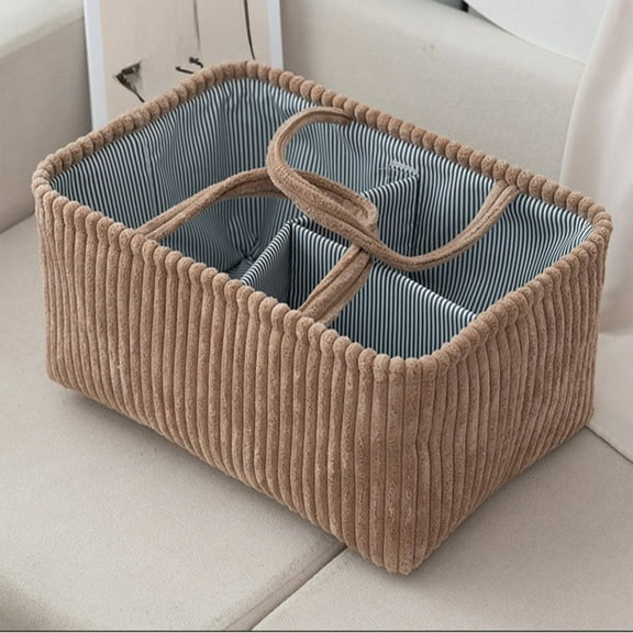 3-Compartment Diaper Storage Organizer - Corduroy Wet Bag with Dividers for Clothes/Toys, Foldable Nursery Basket (Brown, 14.96x10.24x7.09in)