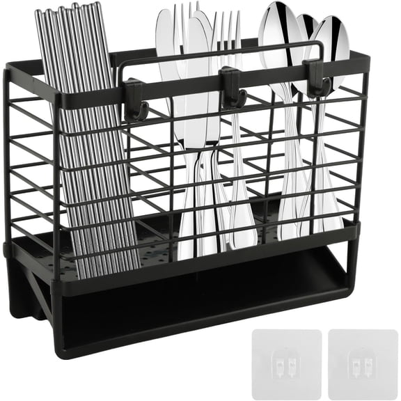 3-Compartment Dish Drying Rack for Kitchen, Carbon Steel Utensil Holder with Drain Tray, Utensil Caddy Organizer for Knives, Forks, Spoons, Chopsticks, Wall Mount or Countertop(COLOR:Black)
