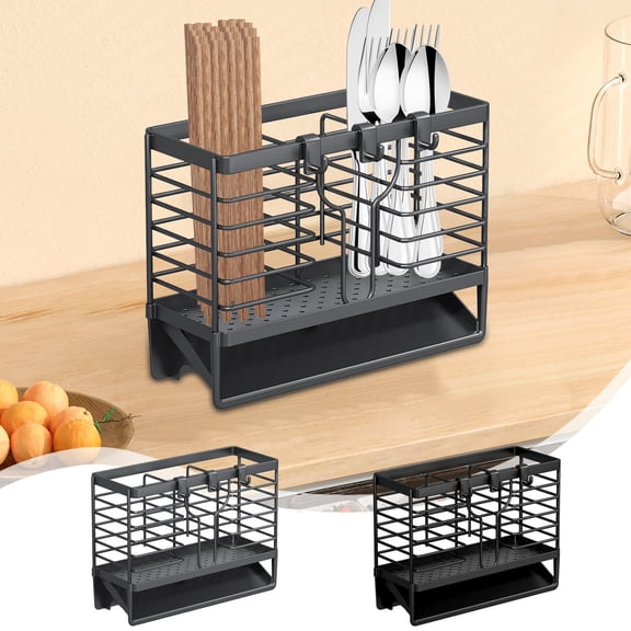 3-Compartment Dish Drying Rack for Kitchen, Plastic Utensil Holder with Drain Tray, Utensil Caddy Organizer for Knives, Forks, Spoons, Chopsticks, AKLJWH, #01 Black