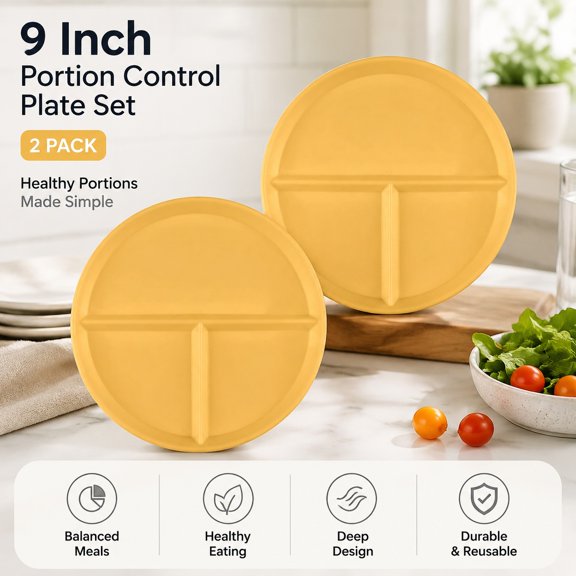 3 Compartment Divided Dinner Plates, Portion Control Plate for Adults, Durable Yellow Dinnerware Set