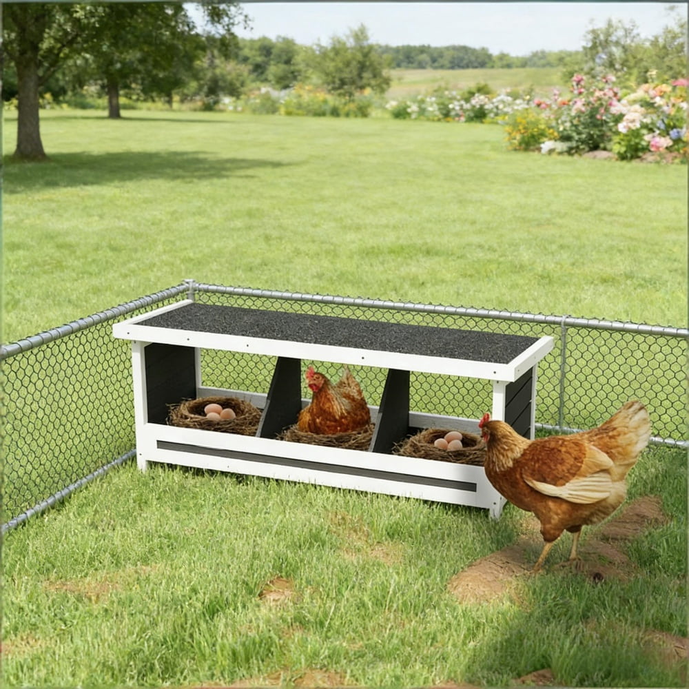 3 Compartment Fir Wood Chicken Nesting Box, Weatherproof Asphalt Roof Poultry Egg Laying House, Open Back Easy Egg Collection Raised Bottom Chicken Nest For Hens