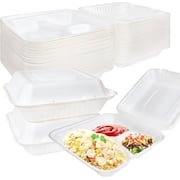 3 Compartment Hinged Clamshell Take Out Food Containers 9x9x3 - Heavy Duty Square Disposable To Go Takeout Box, Compostable Bagasse Biodegradable Containers, Takeout, Restaurants, Food Truck 150