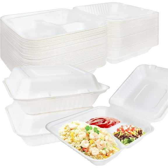 3 Compartment Hinged Clamshell Take Out Food Containers 9x9x3 - Heavy Duty Square Disposable To Go Takeout Box, Compostable Bagasse Biodegradable Containers, Takeout, Restaurants, Food Truck (150)