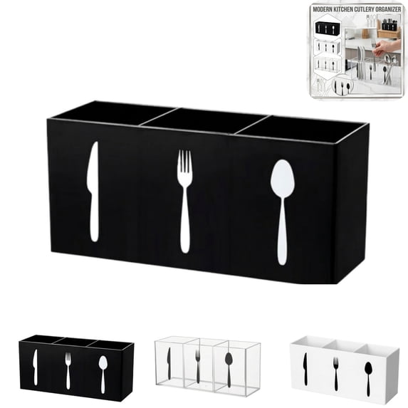 3‑Compartment Kitchen Cutlery Organizer, Countertop Utensil Storage Holder for Forks Spoons Knives Flatware Black