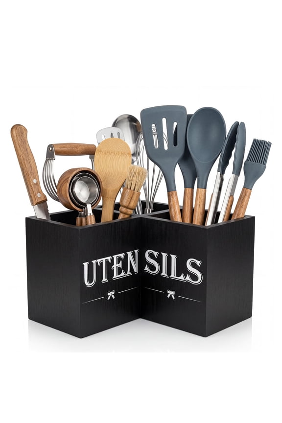 3-Compartment Kitchen Utensil Holder, Countertop Silverware Caddy, Black Paulownia Wood Cutlery Organizer, Triangle Utensil Storage for Spatulas, Spoons, Forks