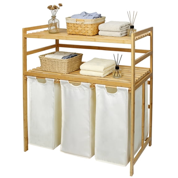 3 Compartment Laundry Hamper With Shelf, 150L Large Capacity Laundry Sorter 3 Section, Laundry Hamper Basket with Shelf , Clothes Storage Organizer Cart, Pull-Out Removable And Washable Bags, Beige