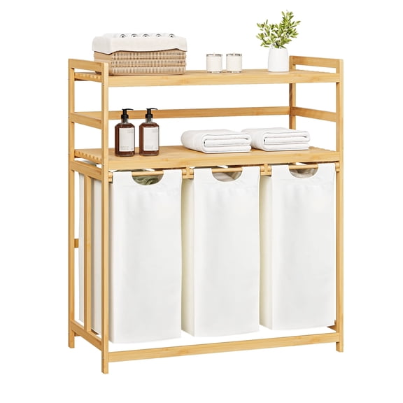 3 Compartment Laundry Hamper With Shelf, 150L Large Capacity Laundry Sorter 3 Section, Laundry Hamper Basket with Shelf , Clothes Storage Organizer Cart, Pull-Out Removable And Washable Bags, Beige