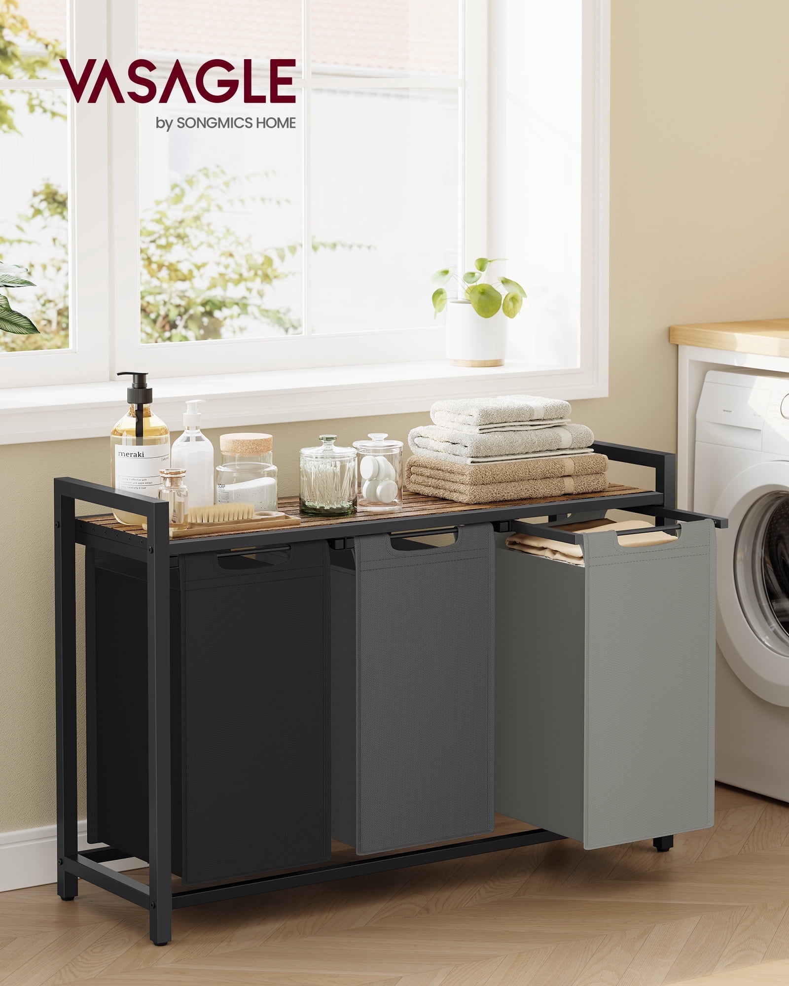 3-Compartment Laundry Hamper Sorter with Removable Bags, Pull-Out Liners, Ventilated Shelf & Sturdy Metal Frame – 31.7 Gallons Capacity, Rustic Brown