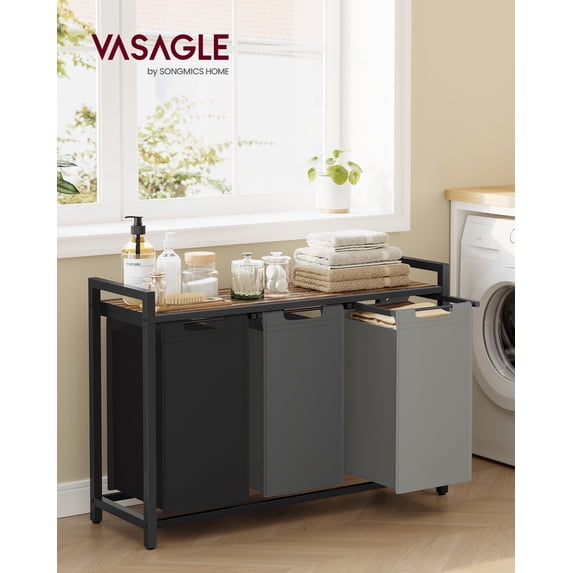 3-Compartment Laundry Hamper Sorter with Removable Bags, Pull-Out Liners, Ventilated Shelf & Sturdy Metal Frame – 31.7 Gallons Capacity, Rustic Brown