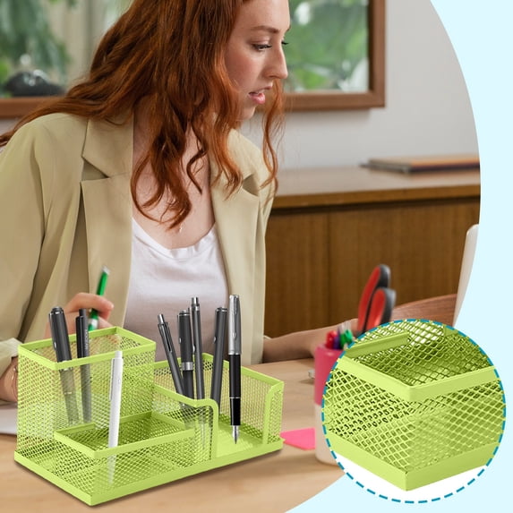 3 Compartment Mesh Metal Desk Organizer Pen Holder,Green 8 x 4 x 4 in | Stackable Open Front Wire Storage Caddy for Pens Pencils Office Supplies