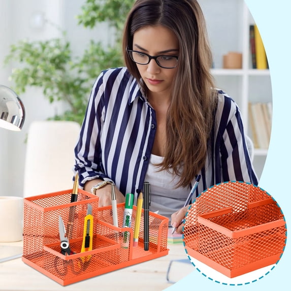 3 Compartment Mesh Metal Desk Organizer Pen Holder,Orange 8 x 4 x 4 in | Stackable Open Front Wire Storage Caddy for Pens Pencils Office Supplies