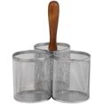 thumbnail image 1 of 3-Compartment Mesh Organizer Caddy with Wooden Handle, Multi-Purpose Desktop or Countertop Storage, Metal Mesh, 7.5"L x 7.5"W x 9.75"H, Silver, 1 of 6