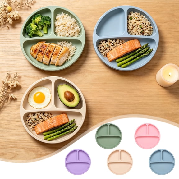 3 Compartment Non Slip Suction Plate, Microwave Safe Divided Dinner Tray, Durable Daily Tableware for Household Dining Kitchen Meal Preparation, Army Green