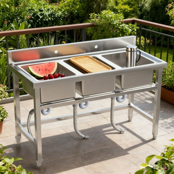 3 Compartment Outdoor Freestanding Kitchen Sink with Adjustable Legs, Commercial Utility Sink, Utility Sink, Kitchen Sink for Farmhouse, Outdoor Use