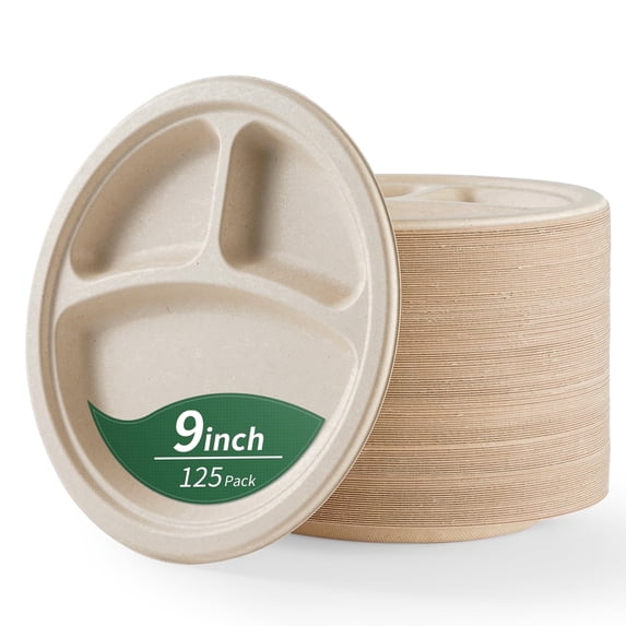 GPED 3 Compartment Paper Plates, 9 Inch 125-Pack Heavy Duty Disposable Plates, Eco-Friendly Compostable Biodegradable Sugarcane Bagasse, Natural Unbleached Brown, Perfect Dinner Paper Plate For Party