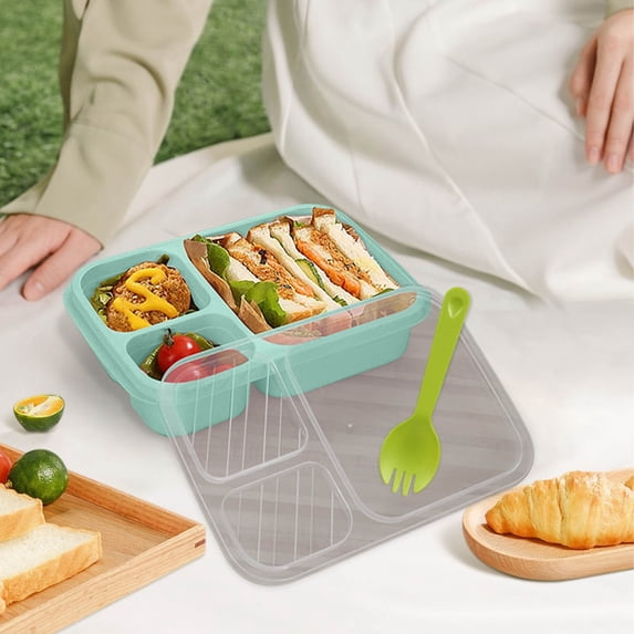 3-Compartment Plastic Lunch Box for Office - Leakproof Microwave-Safe Bento Box with Divided Containers, Portable Food Storage Container (9.29x5.98x2.17in Green)