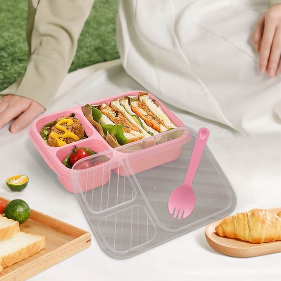 3-Compartment Plastic Lunch Box for Office - Leakproof Microwave-Safe Bento Box with Divided Containers, Portable Food Storage Container (9.29x5.98x2.17in Pink)