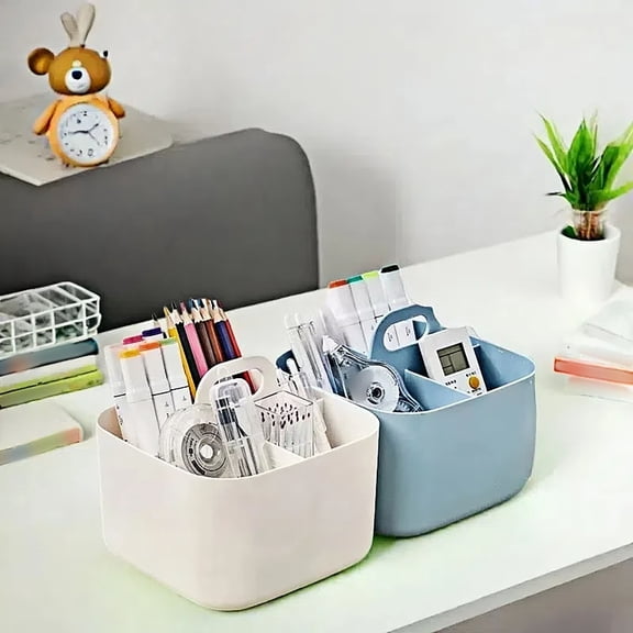 3 Compartment Plastic Storage Caddy with Carry Handle, Stackable Multi-Purpose Desk Organizer Bin, Portable Divided Craft Stationery Pen Holder for Office Bathroom Home