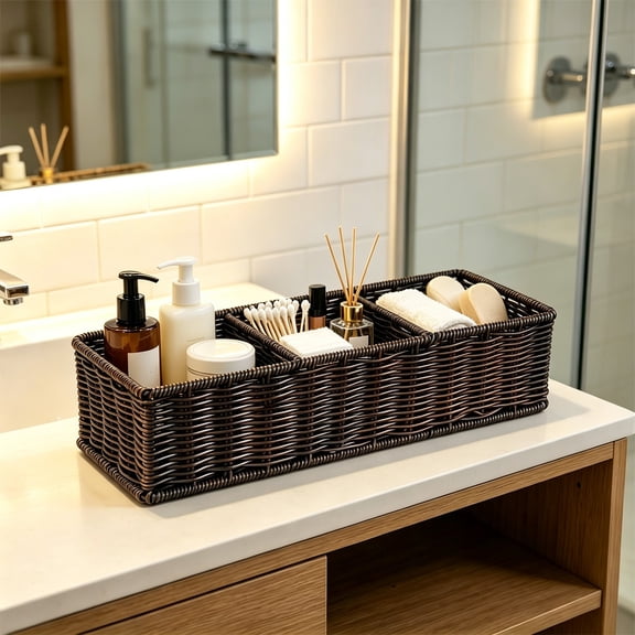 3 Compartment Plastic Wicker Storage Basket 13.7 Inch Divided Organizer for Drawer