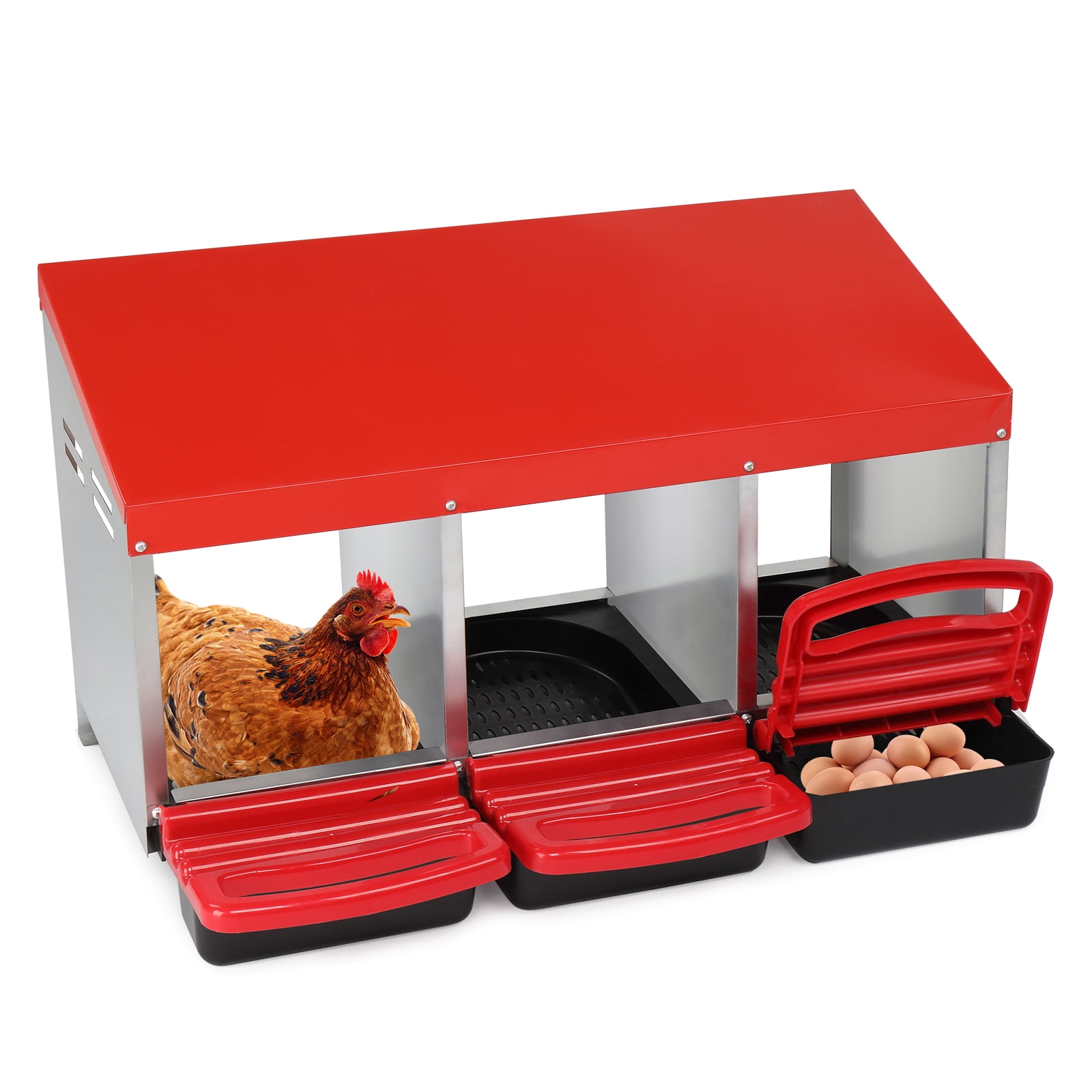 3 Compartment Poultry Chicken Nesting Box, Weather Resistant Steel Plastic Hen Laying Nest with Sloped Ventilated Bottom, Private Egg Laying Habitat for Chickens Ducks