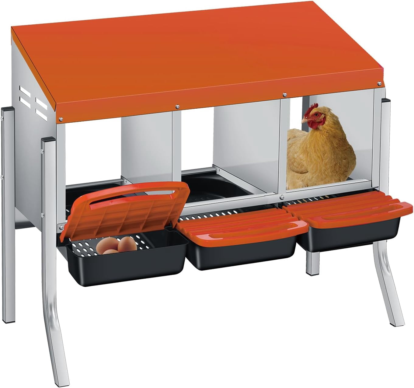 Nested Pull Box 3-Compartment Roll Away Chicken Nesting Box with Metal Legs Wall Mount ...