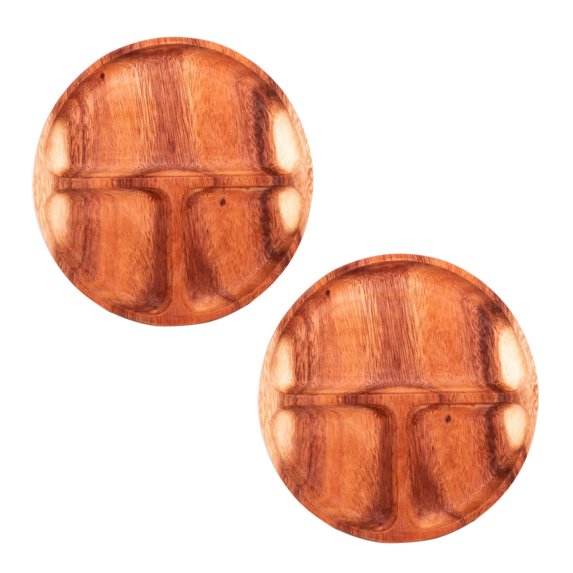 3-Compartment Round Acacia Wood Plate 2-Pack