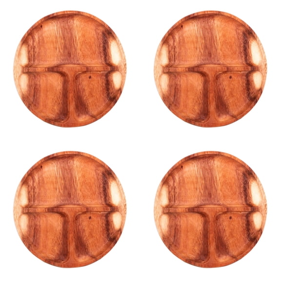 3-Compartment Round Acacia Wood Plate 4-Pack