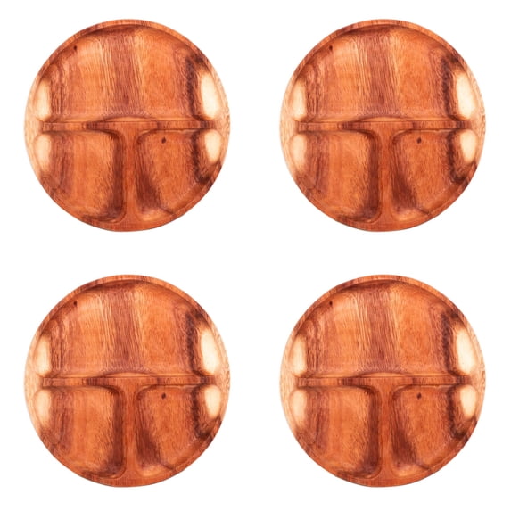 3-Compartment Round Acacia Wood Plate 4-Pack