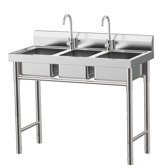 3 Compartment Sink, 39 x 18 x 35.8 Inch 3 Bay Sink with 2 Faucets & Pipes, Stainless Steel Sink Commercial Utility Sinks for Outdoor Indoor Restaurant Garage