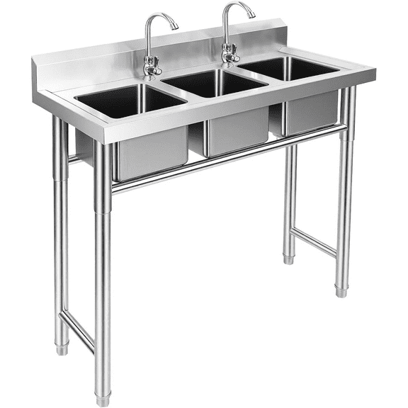 3-Compartment Sink, 39'' x 18'' x 36'' Stainless Steel Utility Sink, Free Standing Three Bowl Kitchen Sink Set with 2 Faucets Hot & Cold Water Pipes for Food Truck, Bar, Restaurant