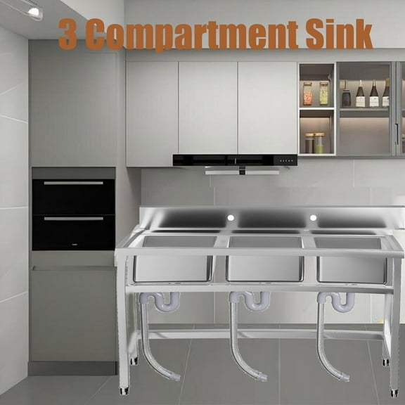 3 Compartment Sink of Stainless Steel 3-Bay Freestanding Commercial Utility Sink, Stainless Steel Kitchen Sink, 550lbs Loading, Heavy Duty, for Kitchen, Restaurant  Indoor Outdoor