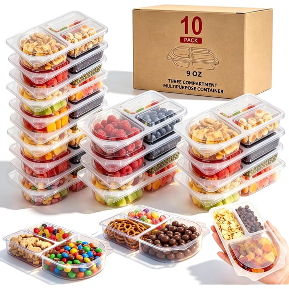 3 Compartment Snack Containers with & 9oz Meal Prep Containers, Snack Pack Containers, Leakproof Small Storage, for Work, Travel & -the-Go (10 Sets)