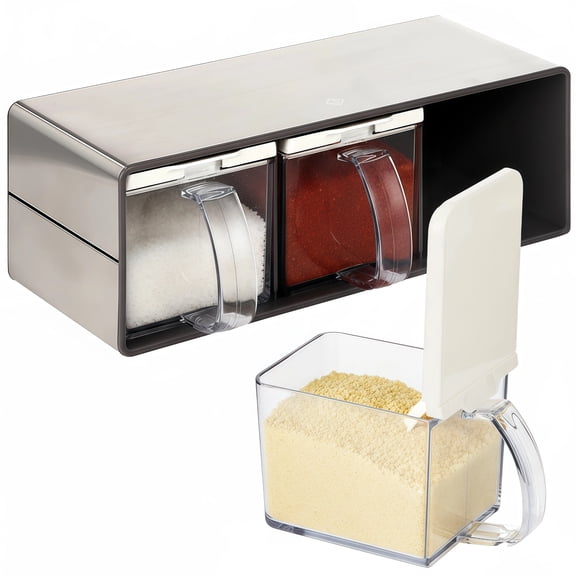 3-Compartment Spice Container, Stainless Steel Frame Seasoning Box Organizer with Lids & Spoons, Space-Saving Salt andPepper Container for Home Kitchen Countertop, Cafe & Restaurant Use