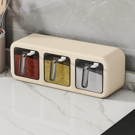 3 Compartment Spice Jar, Condiment Organizer with Spoon, Clear Kitchen Spice Container, Countertop Seasoning Canister, Airtight Storage Box for Pepper Salt and Spices, No Drill Mounting
