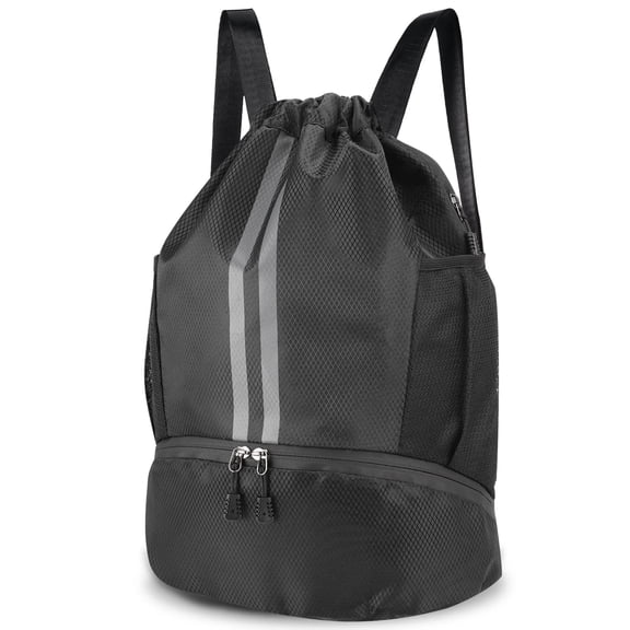 3-Compartment Sports Drawstring Backpack, Water-Resistant Gym Bag with Wet/Dry Separation, Side Pockets & Zipper Pocket, Lightweight Swim Soccer Basketball Sack