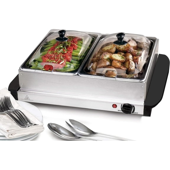 3-Compartment Stainless Steel Buffet Warmer - 2.5 Qt Each with Clear Lids & Temperature Control, 7.5 Qt Total for Parties & Events