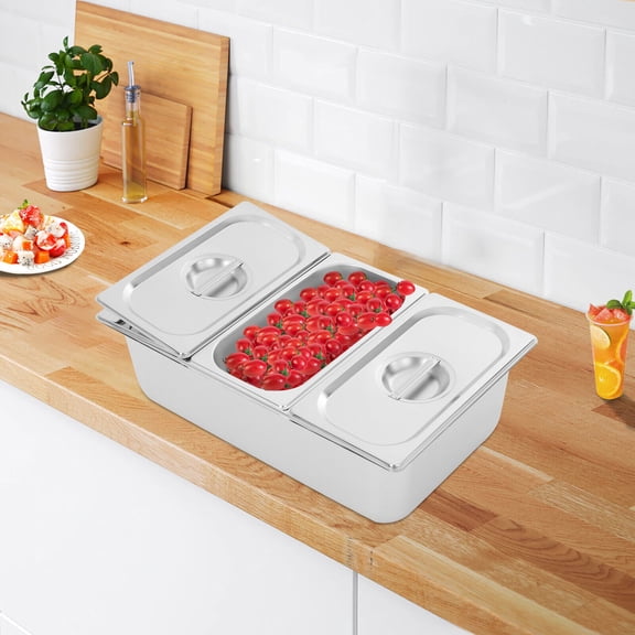 3-Compartment Stainless Steel Chilled Condiment Server with Lid, Commercial Buffet Serving Tray with Acrylic Replaceable Lids & Water-Filtering Gaskets, for Restaurant Home (3-Pan)