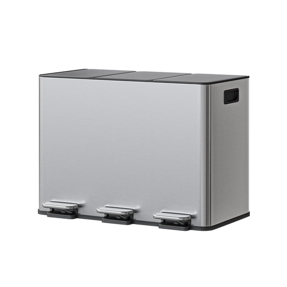 3 Compartment Stainless Steel Trash Can, 45L Hands-Free Pedal Recycling Bin with Soft Close Lids, Removable Buckets and Handles for Kitchen Waste Sorting - 3x15L