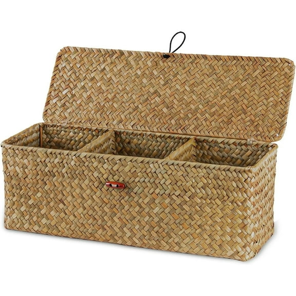3 Compartment Storage Basket with Lid Hand-Woven Rattan Storage Basket Home Organizer, Divider Storage Box for Toilet Bedroom Bathroom,12.6L x 4.7W x 4.3H Inch