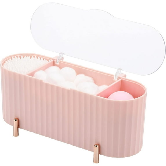 3 Compartment Swab Box Storage Case,Happon Cotton Swabs Dispenser,Swab Caddy with Lid for Cotton Pads Bathroom Organizer Canisters - Pink