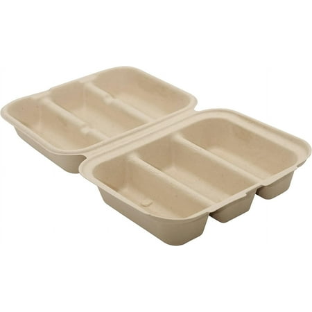 3 Compartment Taco Container Compostable Clamshell - Hot Dog Container, Biodegradable Takeout Box, Unbleached, Three Compartment - Concessions, Taco Trucks, Hot Dog Stands, Delivery, Take out (50)