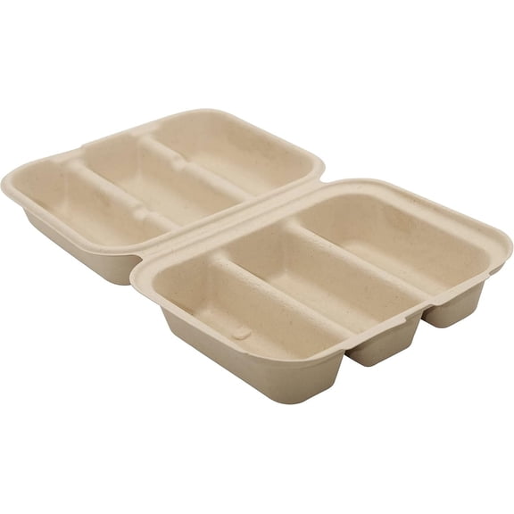 3 Compartment Taco Container Compostable Clamshell - Hot Dog Container, Biodegradable Takeout Box, Unbleached, Three Compartment - Concessions, Taco Trucks, Hot Dog Stands, Delivery, Take out (50)
